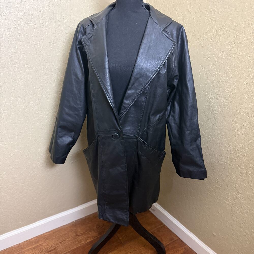 St Malo Womens Black Genuine Leather Coat Blazer Jacket Medium Single Button
